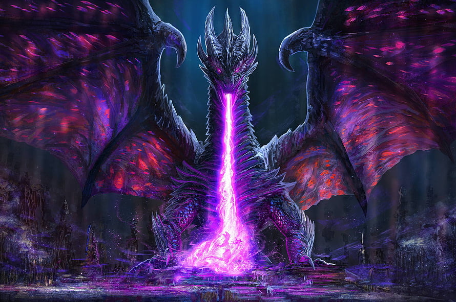 Majestic Dark Dragon Breathing Purple Energy Beam in Fantasy Landscape HD wallpaper