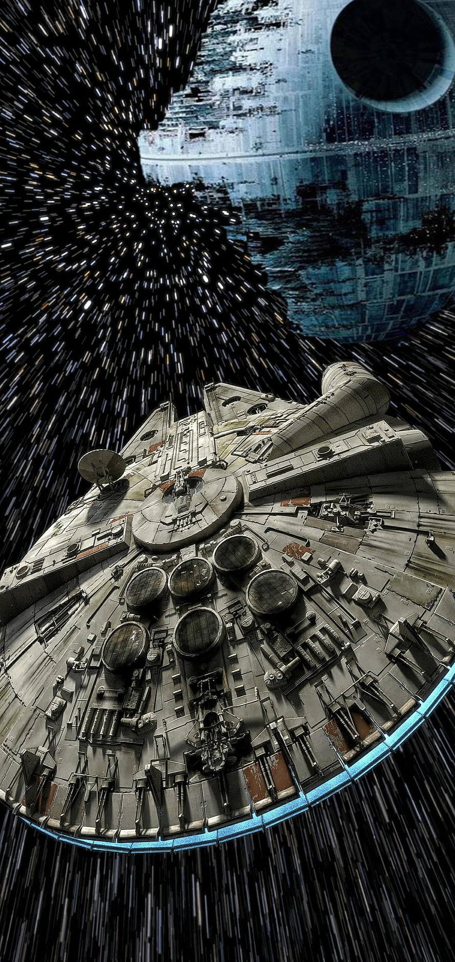 Millennium Falcon Flying Past The Death Star In Hyperspace Star Wars Wallpaper HD phone wallpaper
