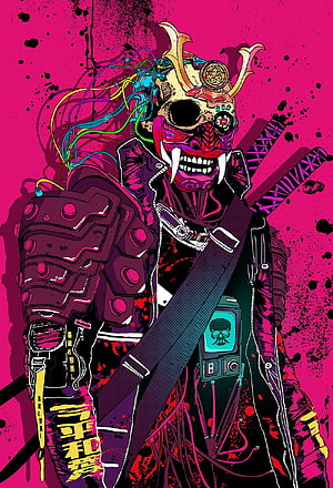 Cyberpunk Samurai Warrior With Neon Wires And Skull Mask On Pink Background HD phone wallpaper