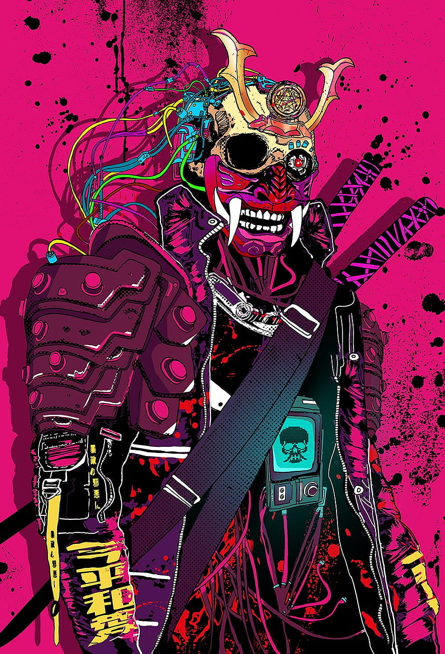 Cyberpunk Samurai Warrior With Neon Wires And Skull Mask On Pink Background HD phone wallpaper
