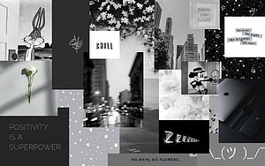 Monochrome Aesthetic Collage Featuring Looney Tunes, Urban Scenery, and Motivational Quotes HD wallpaper