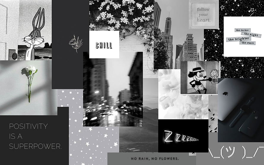 Monochrome Aesthetic Collage Featuring Looney Tunes, Urban Scenery, and Motivational Quotes HD wallpaper