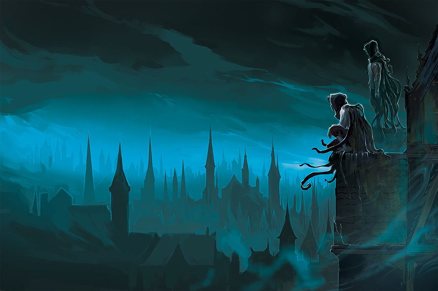 Mistborn Fantasy Illustration of Figures on a Tower Overlooking a Misty City HD wallpaper