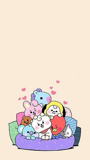 Cute BT21 Characters Hugging on a Purple Sofa with Hearts HD phone wallpaper