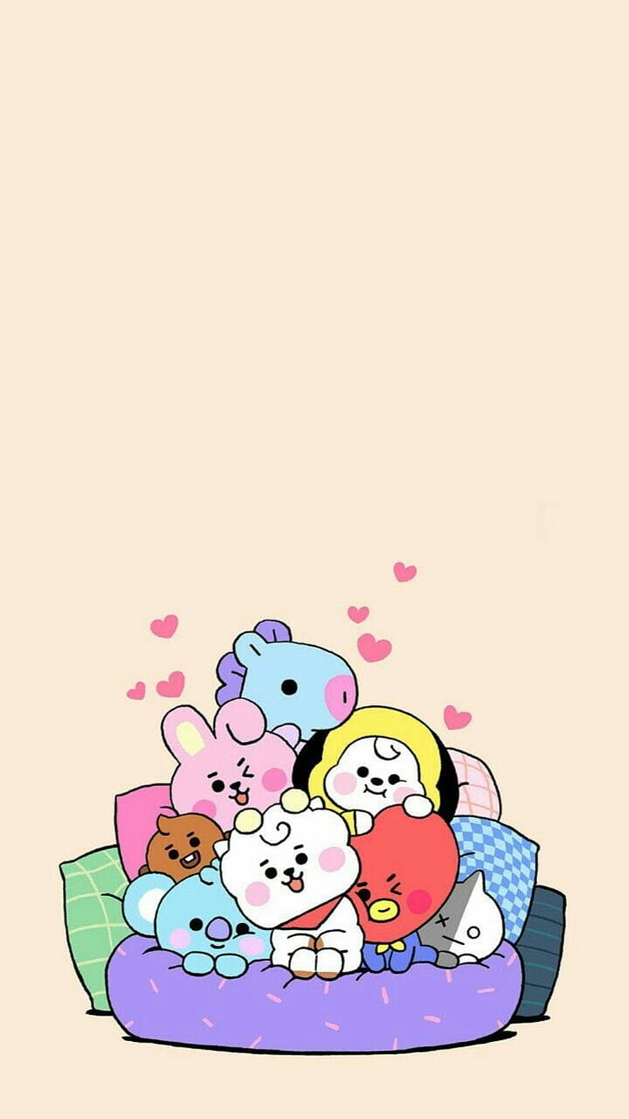 Cute BT21 Characters Hugging on a Purple Sofa with Hearts HD phone wallpaper