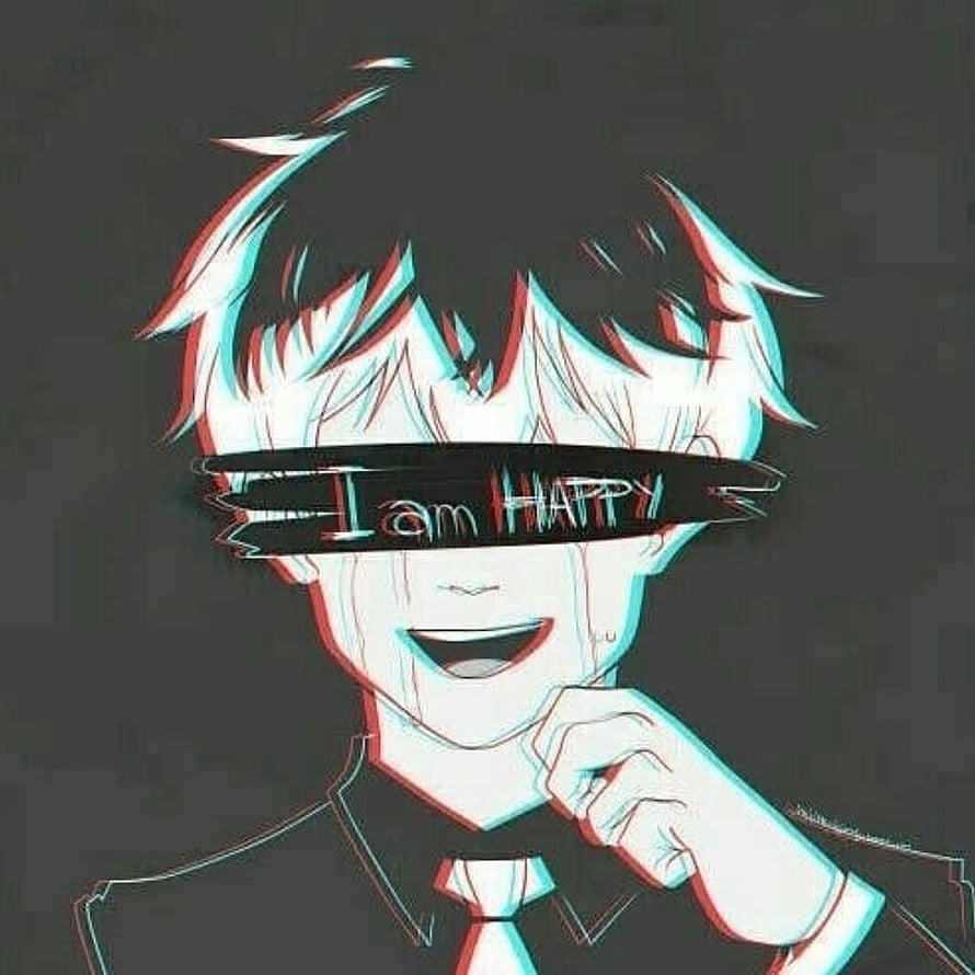 Anime Boy With Glitch Effect And I Am Happy Text Over Eyes HD phone wallpaper
