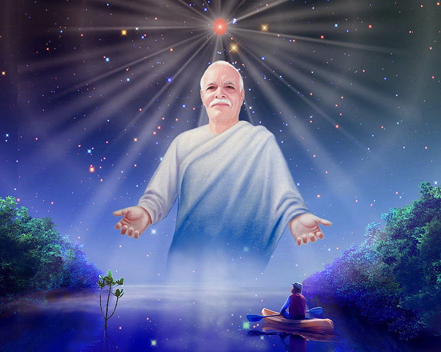 Spiritual Guru Floating Above River With Kayaker Under Starry Sky HD wallpaper