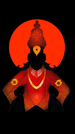 Stylized Illustration of a Mythical Figure with Ornate Headdress Against a Red Sun HD phone wallpaper