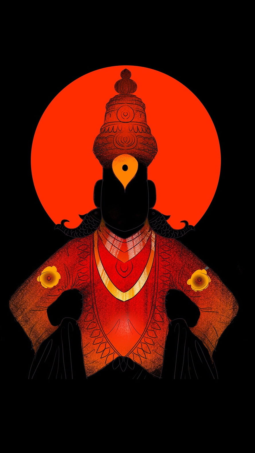 Stylized Illustration of a Mythical Figure with Ornate Headdress Against a Red Sun HD phone wallpaper