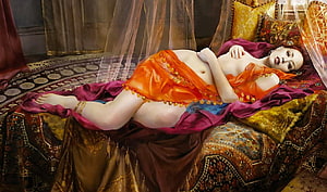 Reclining Woman in Orange Silk on Ornate Harem Couch Digital Fantasy Art, In the Harem, harem, art, exotic, , beautiful, girl, woman, digital, fantasy HD wallpaper