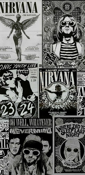 Nirvana Vintage Concert Poster Collage with Black and White Illustrations HD phone wallpaper