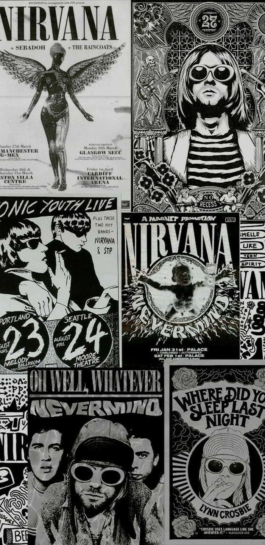 Nirvana Vintage Concert Poster Collage with Black and White Illustrations HD phone wallpaper