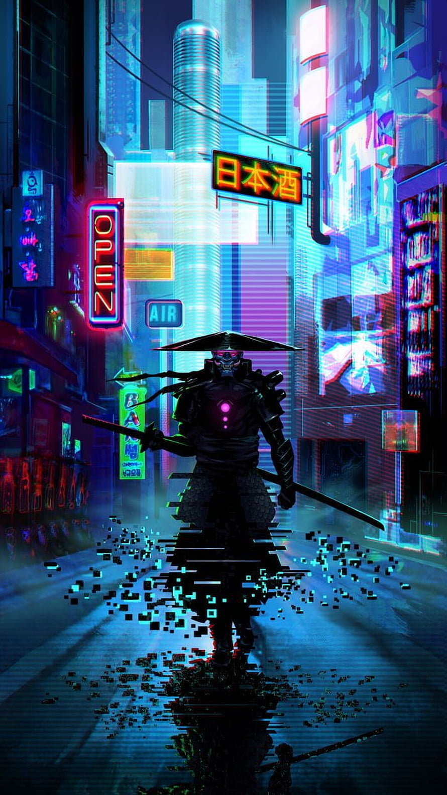 Cyberpunk Samurai Warrior in Neon City Street with Glitch Effect HD phone wallpaper