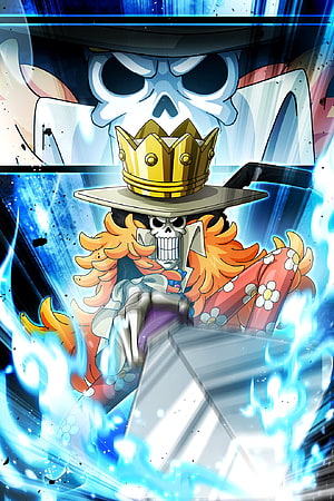 Brook from One Piece in a dramatic anime illustration with a golden crown and blue energy effects HD phone wallpaper