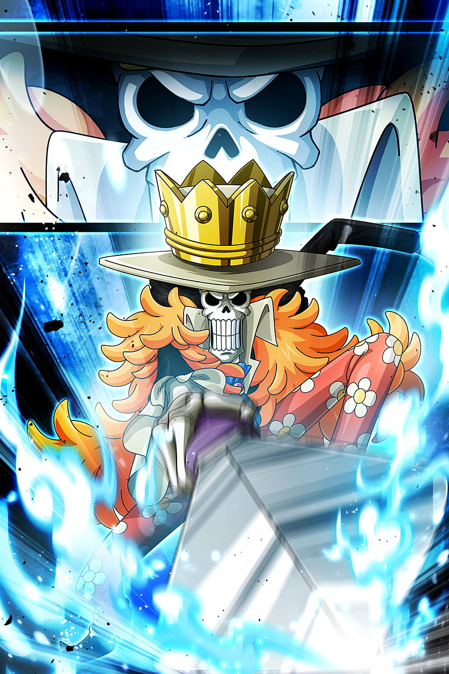 Brook from One Piece in a dramatic anime illustration with a golden crown and blue energy effects HD phone wallpaper