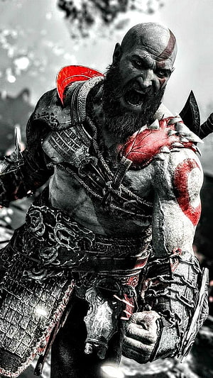 Kratos from God of War Ragnarok screaming in battle with red tattoos and armor HD phone wallpaper