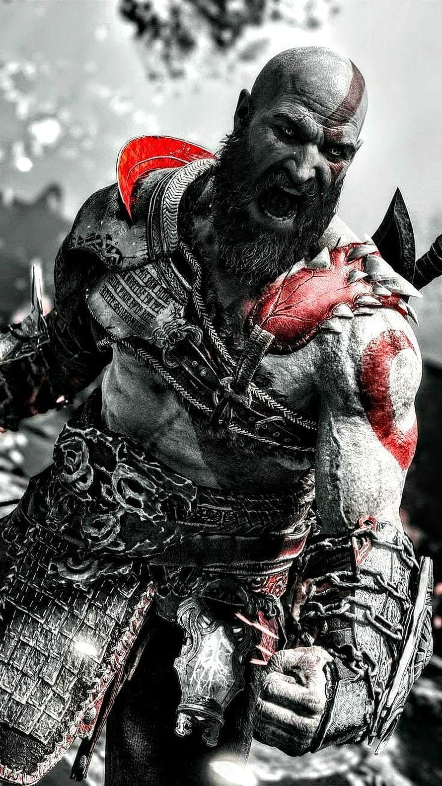 Kratos from God of War Ragnarok screaming in battle with red tattoos and armor HD phone wallpaper