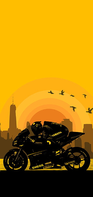 Yamaha MotoGP Motorcycle Silhouette Against New York City Sunset Skyline HD phone wallpaper