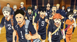 Haikyuu Karasuno High School Volleyball Team in Dark Blue and Orange Uniforms HD wallpaper