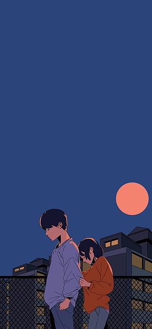 Anime Couple Standing on Rooftop at Sunset with City Skyline HD phone wallpaper
