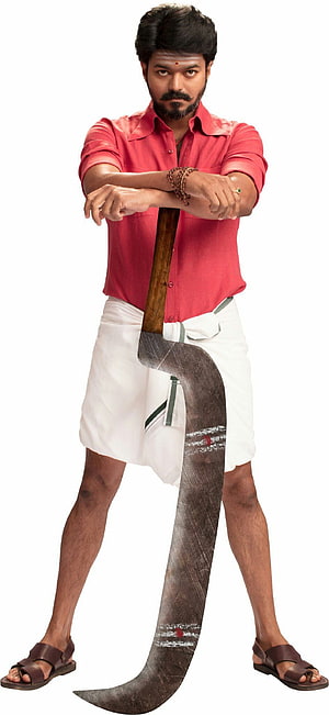 Vijay in Mersal promotional portrait holding a large curved blade in traditional attire HD phone wallpaper