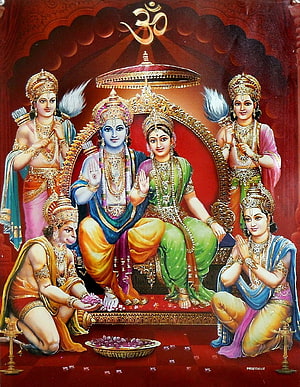 Lord Rama and Sita Seated on Royal Throne with Attendants in Traditional Indian Painting HD phone wallpaper