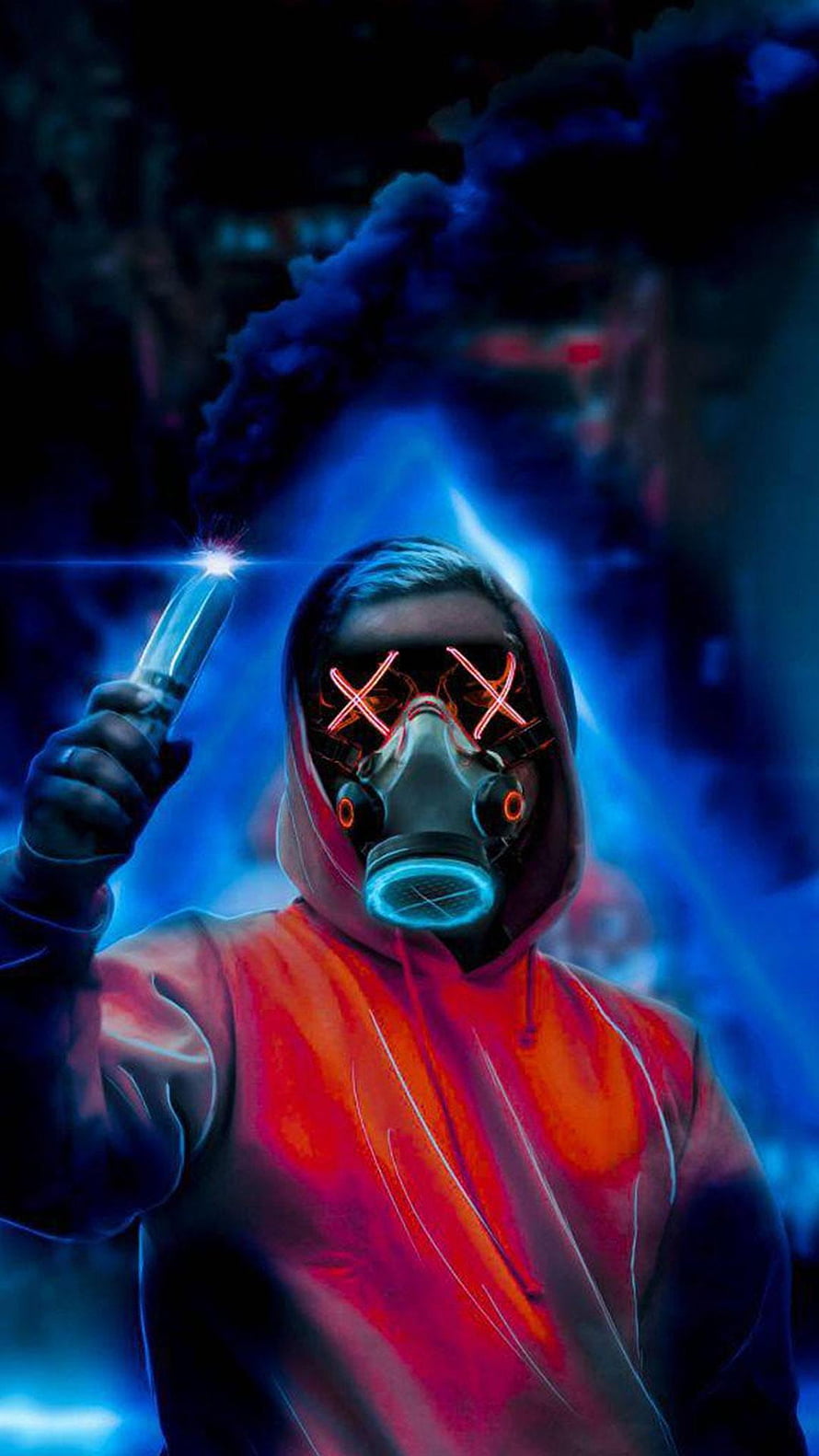 Cyberpunk Hooded Figure with Glowing Gas Mask and Neon Blue Smoke HD phone wallpaper