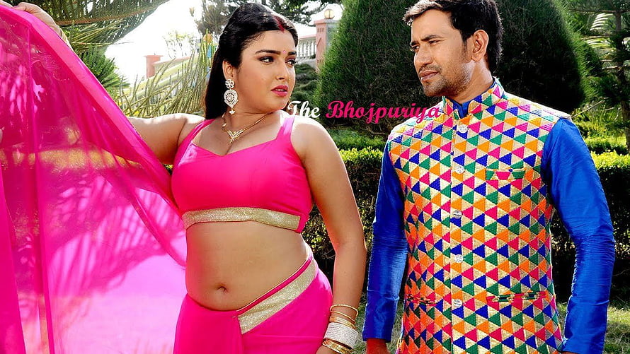 Amrapali Dubey in vibrant pink traditional attire with male co-star in colorful ethnic wear HD wallpaper