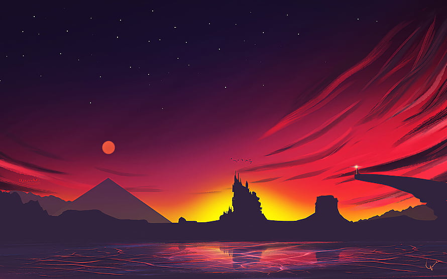 Minimalist Digital Art of a Fiery Sunset Over a Silhouetted Mountain and Castle Landscape HD wallpaper