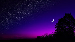 Purple Night Sky With Shooting Stars And Crescent Moon Silhouette HD wallpaper