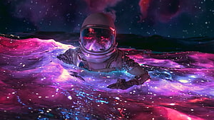 Astronaut Floating in a Glowing Cosmic Ocean with Nebula Reflections HD wallpaper