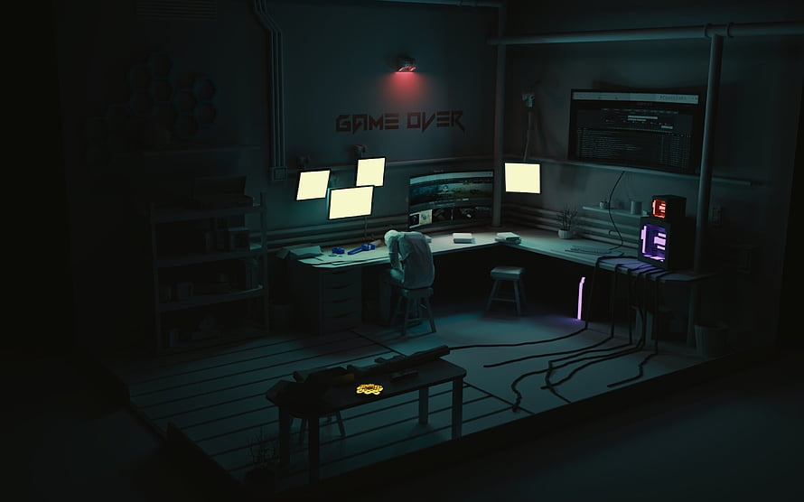 Dark Cyberpunk Hacker Room with Multiple Monitors and Neon Lighting HD wallpaper