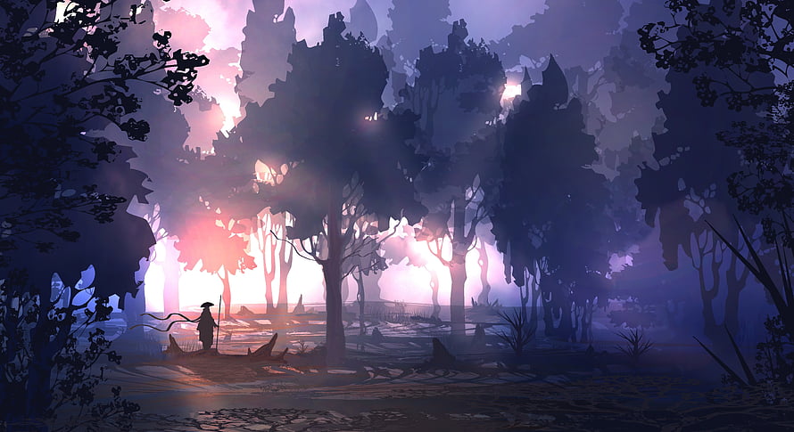 Mystical Forest Scene with Lone Wanderer at Dusk in Digital Fantasy Art HD wallpaper