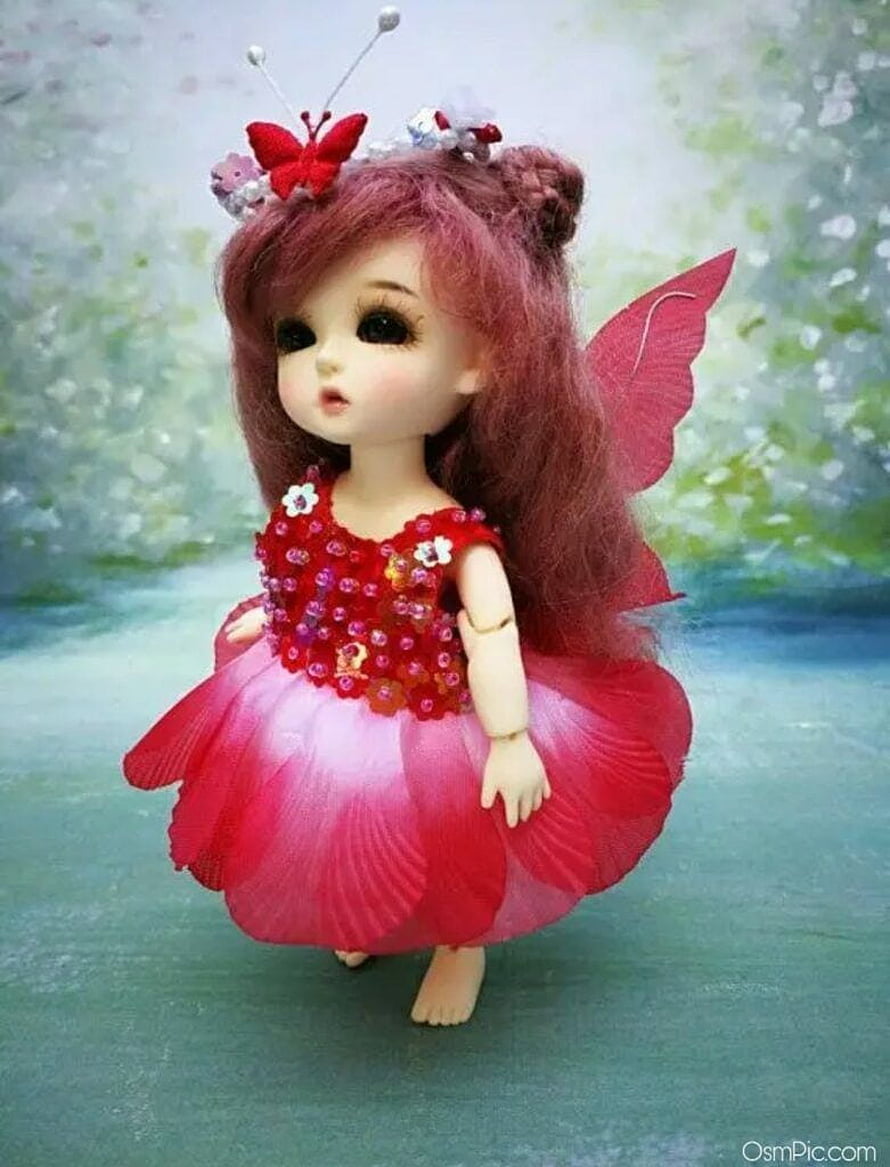 Cute Fairy Doll with Red Wings and Pink Dress HD phone wallpaper