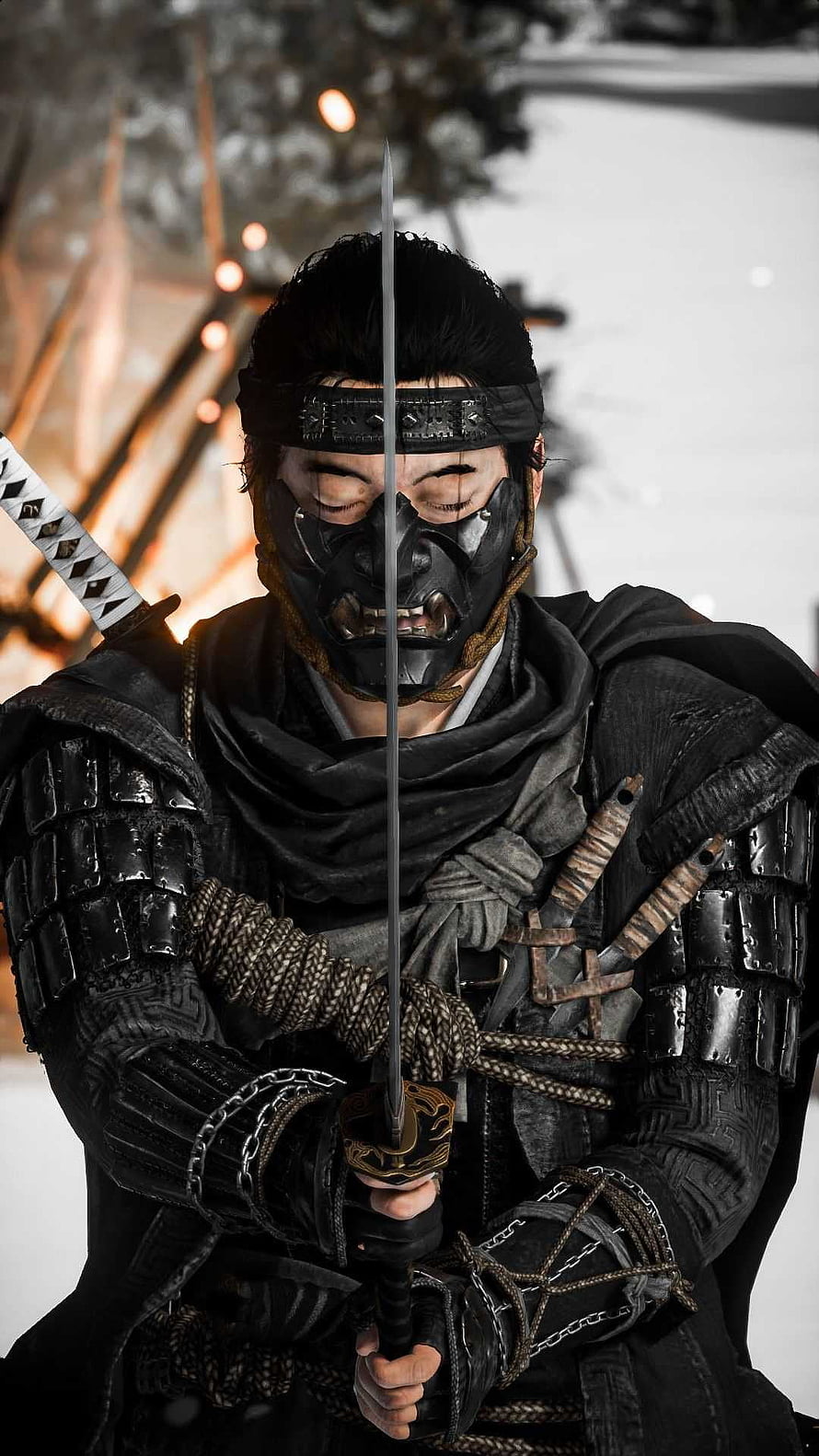 Ghost of Tsushima Samurai Warrior in Black Armor Holding Katana in Snowy Landscape HD phone wallpaper