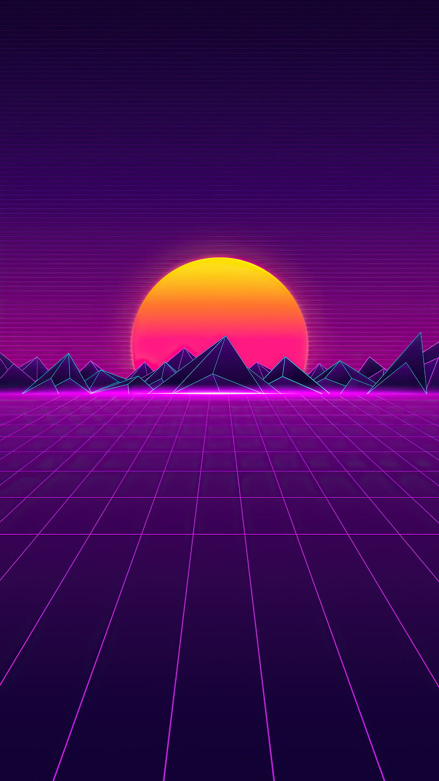 Neon Synthwave Sunset with Geometric Mountains and Perspective Grid Landscape HD phone wallpaper