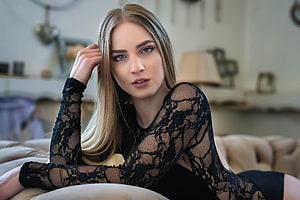 Blonde Woman in Black Lace Top Lying on Beige Sofa in Softly Lit Room, Unknown Model, babe, lady, model, blonde, woman HD wallpaper