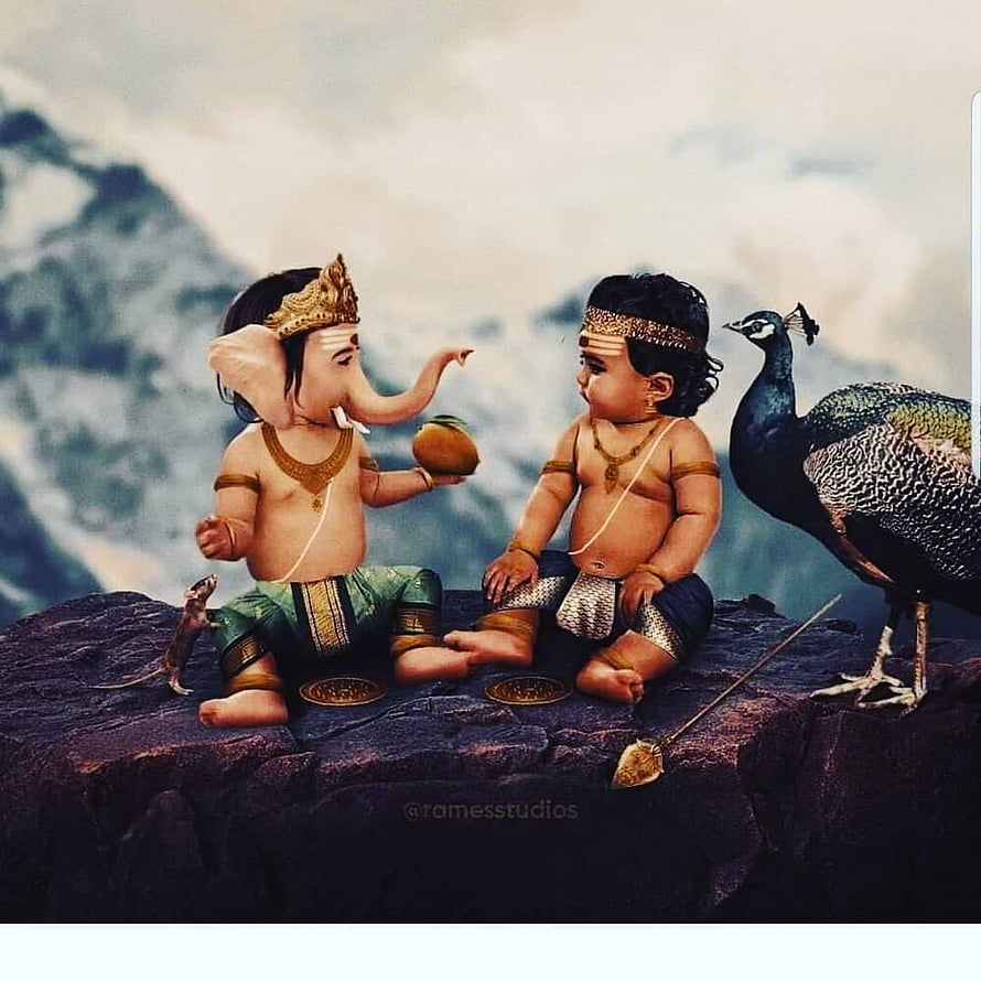 Baby Ganesha and Baby Krishna Sitting Together on a Mountain Rock with Peacock and Mouse HD phone wallpaper