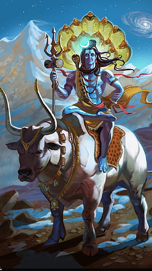 Lord Shiva Riding Nandi Bull With Trishul And Cobra In Himalayan Landscape HD phone wallpaper