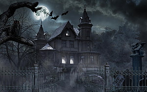 Eerie Victorian Mansion at Night with Full Moon, Bats, and Ghostly Figures HD wallpaper