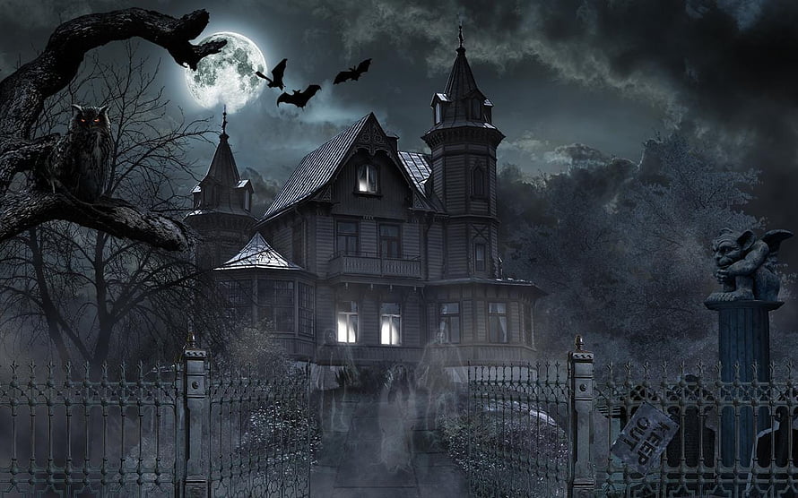 Eerie Victorian Mansion at Night with Full Moon, Bats, and Ghostly Figures HD wallpaper