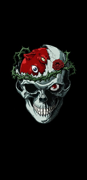 Berserk Skull with Red Rose and Thorn Crown Dark Fantasy Illustration HD phone wallpaper