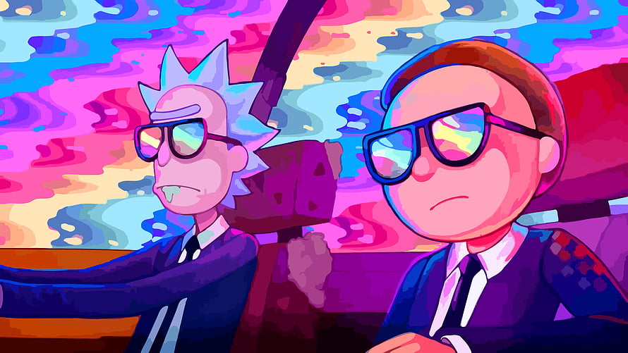 Rick and Morty Driving in a Car with Psychedelic Background HD wallpaper