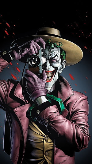 The Joker Holding Vintage Camera With Manic Grin In Purple Suit, Joker, camera HD phone wallpaper