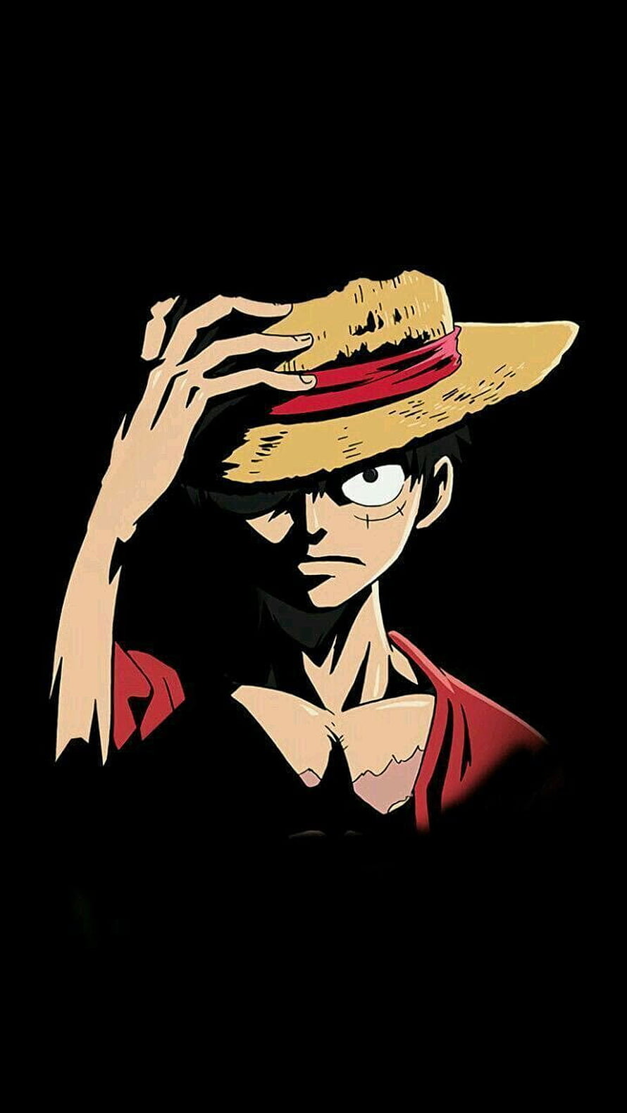 Monkey D. Luffy from One Piece wearing straw hat with red sash against black background HD phone wallpaper