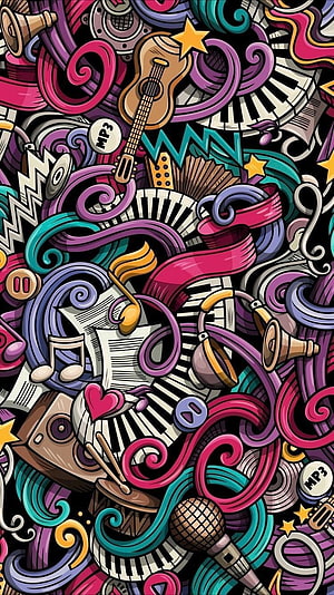 Colorful Music Instruments Doodle Art Wallpaper HD phone wallpaper
