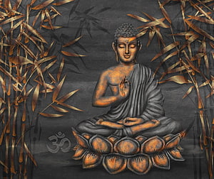 Golden Buddha Meditating on Lotus with Bamboo and Om Symbol Digital Art HD wallpaper