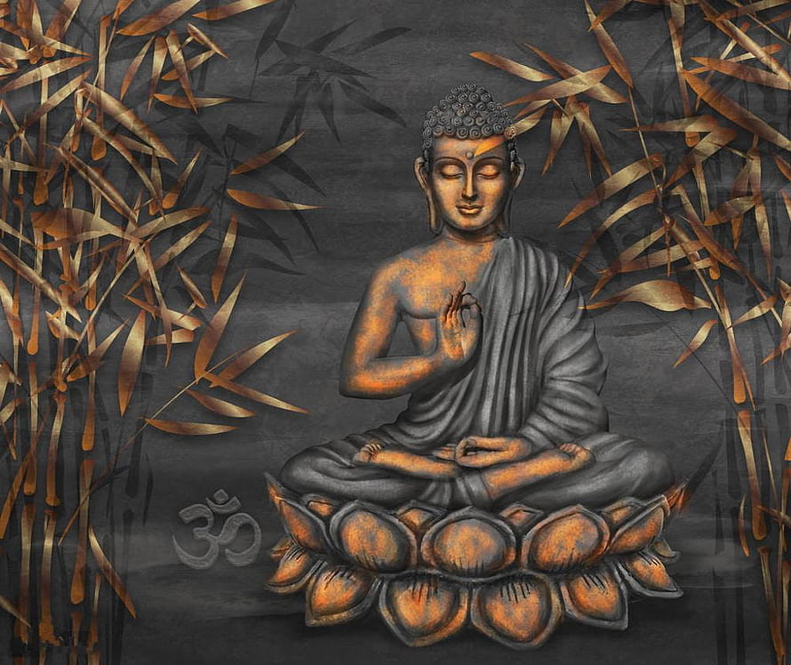 Golden Buddha Meditating on Lotus with Bamboo and Om Symbol Digital Art HD wallpaper