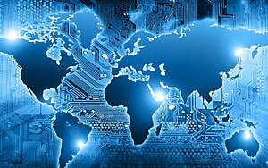 Futuristic Blue World Map With Circuit Board Technology Pattern HD wallpaper