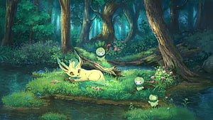 Leafeon and Pansage in a Lush Forest Clearing with a Gentle Stream HD wallpaper